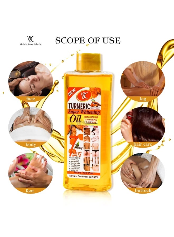 VSC زيت تبييض فائق بالكركم 200 مل لإصلاح الجسم وتبييض البقع وزيت تحت الإبطين الداكنة والفخذين والركب الداكنة والبقع السوداء زيت تبييض 100% زيت أساسي نقي للوجه والجسم - Image 5